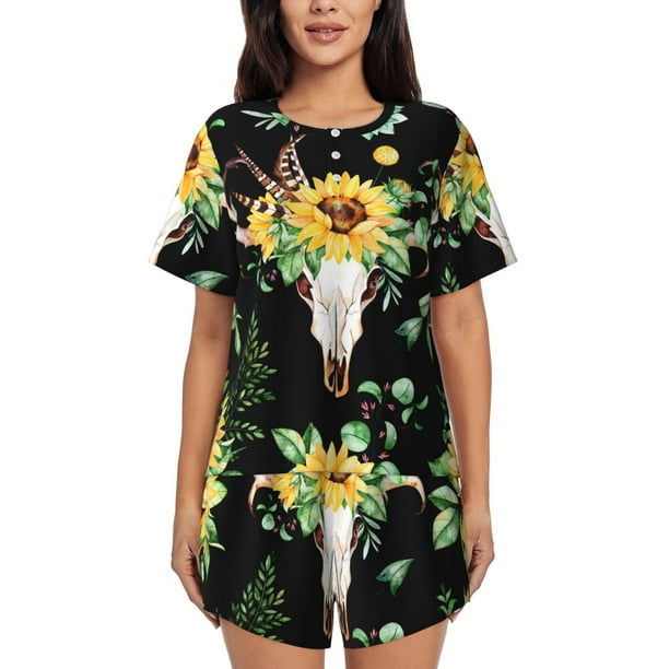 Balery Conjunto de Pijama para Mujer con Estampado, Dos Piezas de Manga Corta y Shorts, Ropa de Dormir Suave con Cuello Redondo y Bolsillos-Medium