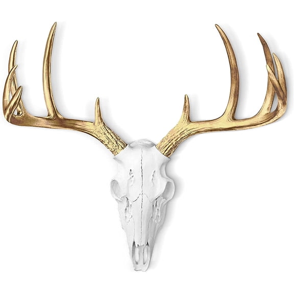 WALL CHARMERS Mini White Gold Antler Faux Deer Skull - 16" Faux Taxidermy Animal Head Wall Decor - Handmade Farmhouse Decor