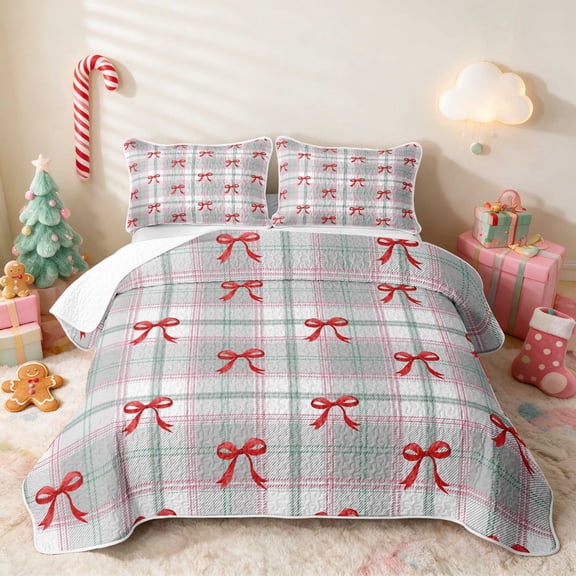 Manfei Bow Twin Quilt Set Christmas Twin Coverlet Set, Blue Silver 2-Piece 1 Bedspread and 1 Pillowcase