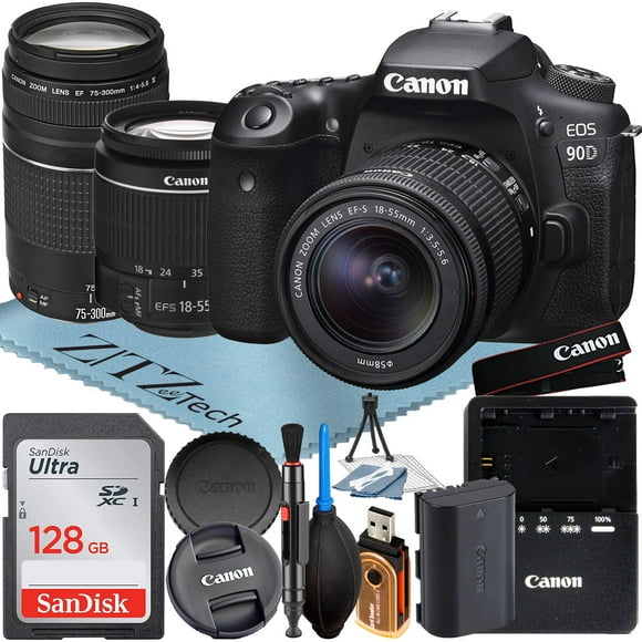 Appareil Photo Canon EOS 90D DSLR avec Objectif 18-55mm + 75-300mm + Carte Mémoire SanDisk 128 Go + Pack d'Accessoires ZeeTech