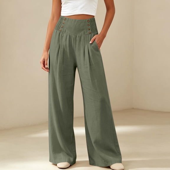 ClodeEU Women's High Waist Side Button Wide Leg Pants ,Casual Loose Palazzo Trousers with Pockets ,Women's Plus L