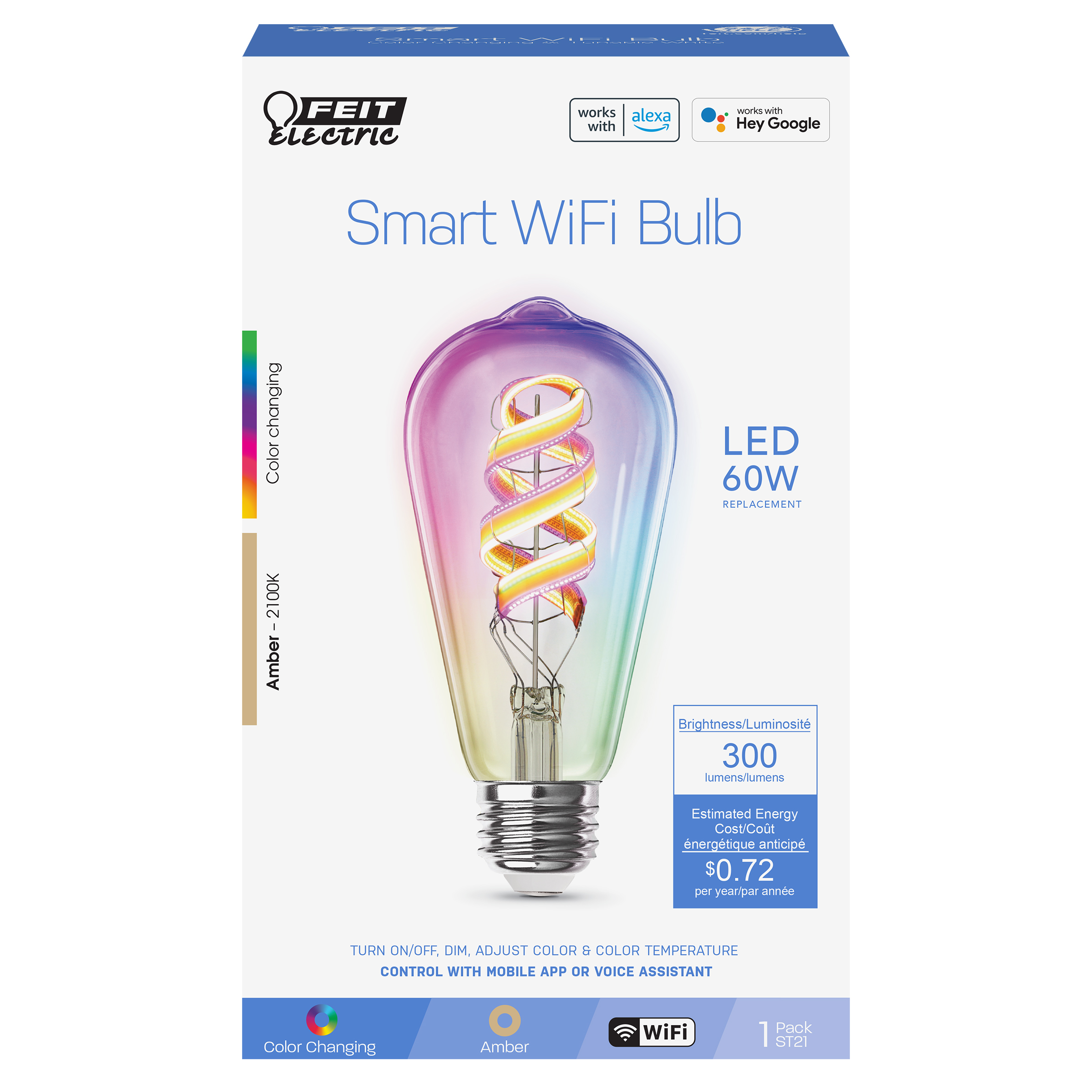 Feit Electric Smart LED 6W (60W Equivalent) Color Changing, ST21, Medium E26 Base, Dimmable Light Bulb 1Pk