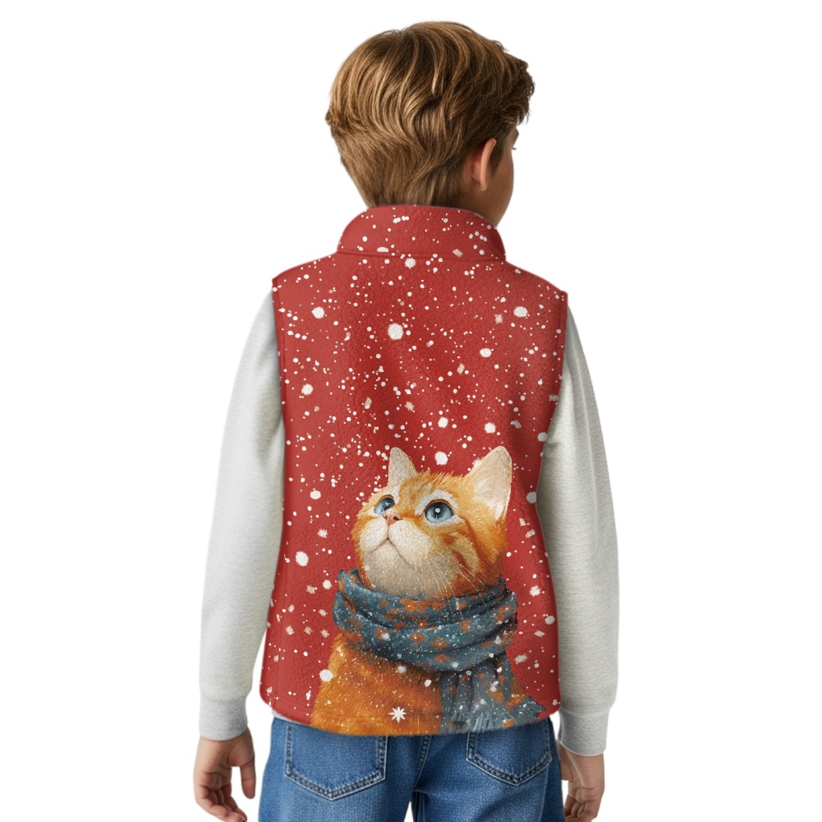 Xoenoiee Cat Snowflake Print Boys Fuzzy Sherpa Fleece Vest, Zip-Up Sleeveless Jacket with Stand Collar & Pockets, Cozy Warm Toddler Winter Outerwear, Size 11-12 Years