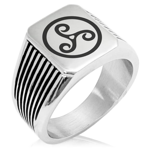 Stainless Steel Celtic Triskele Triskelion Needle Stripe Pattern Biker Style Polished Ring