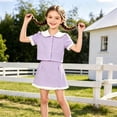thumbnail image 2 of Fozruso Girls Set Crew Neck Bow Short Sleeve T Shirt + Denim Skirt 2 Piece Set (2 7 Years ) Girls Skirt Outfit Sets,Purple,4 Years, 2 of 7