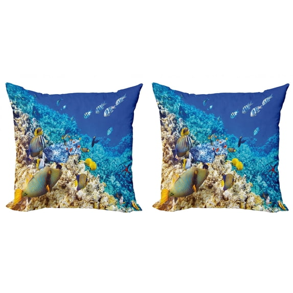 Ambesonne Fish Throw Pillow Cover 2 Pack, Aquatic Corals, 24", Turquoise Pale Yellow