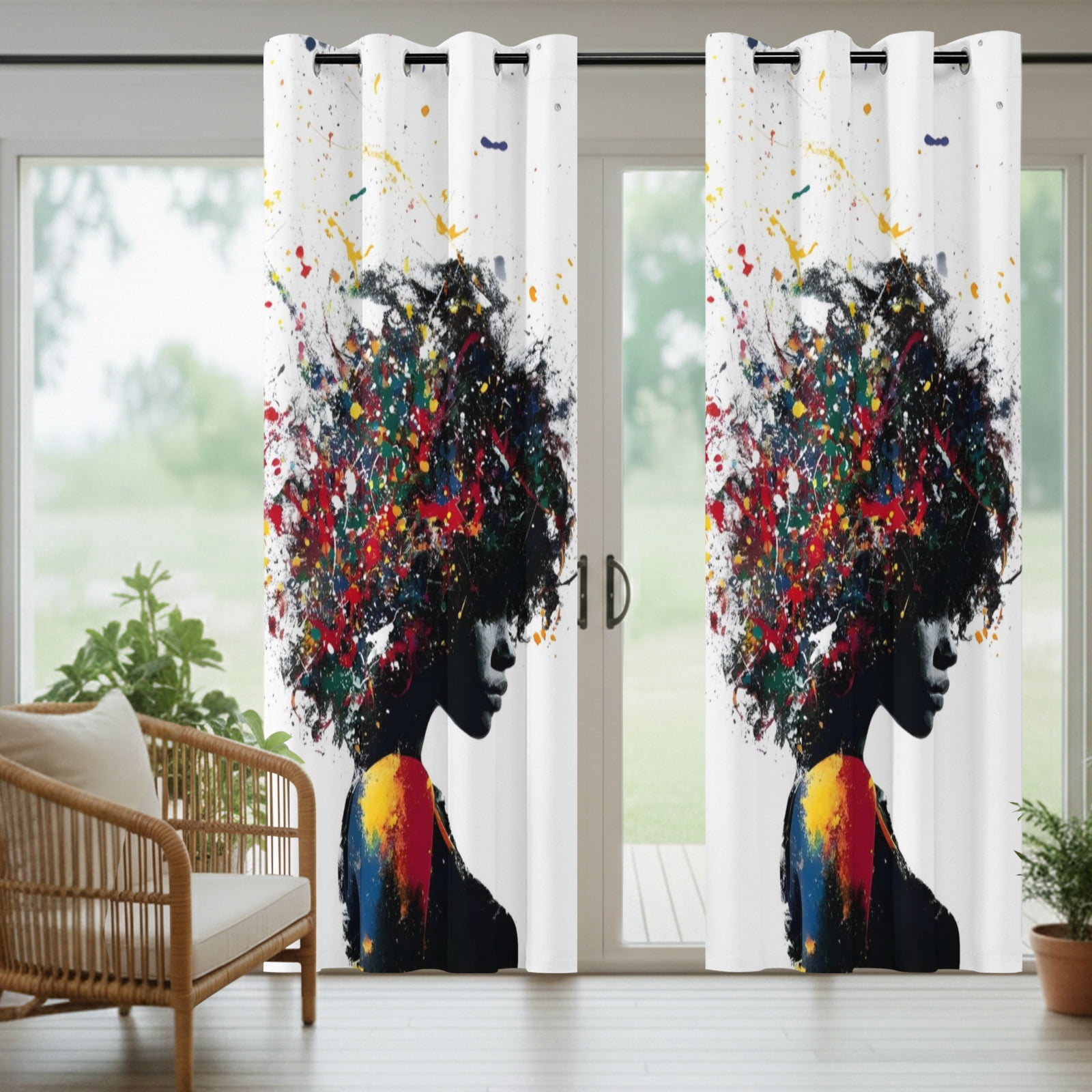 African American Outdoor Curtains for Patio, Colorful Sparkles Female Portrait Sunshade Privacy Drapes Grommet Waterproof Outside Curtains for Porch/Cabana/Balcony 54"x 108", 1 Panel