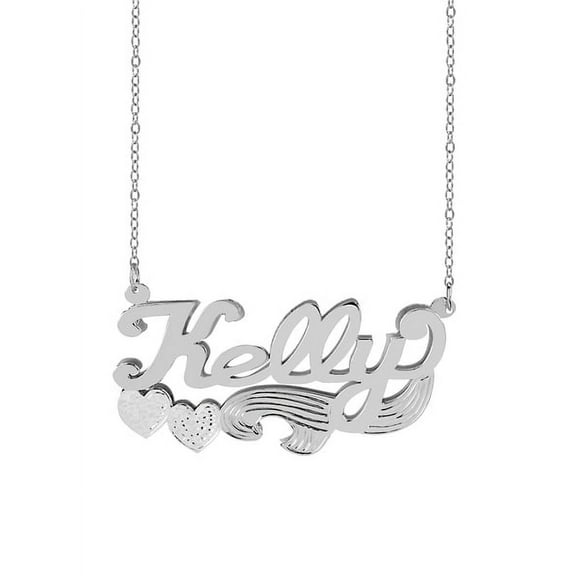 Personalized Sterling Silver or 14K Gold Plated Double Name Necklace w/Beading and Rhodium on Hearts 18" Link Chain. Spring Ring Clasp