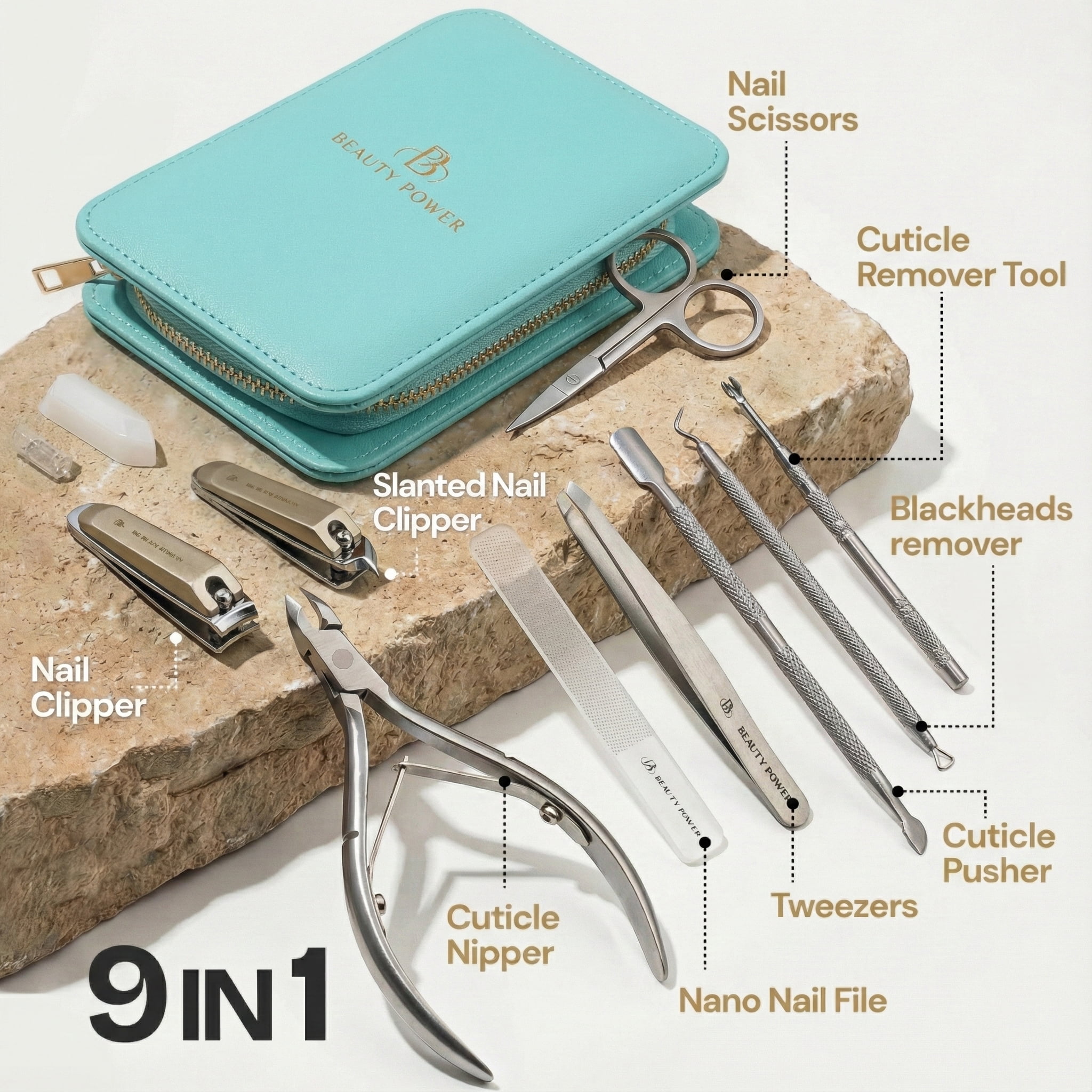 Beauty Power 9 in 1 Professional Manicure Pedicure Set Upgraded - Stainless Steel Nail Clippers, Nano File, Cuticle Nipper, Scissors, Tweezers in PU Leather Case for Men & Women - Gift Idea (Blue)