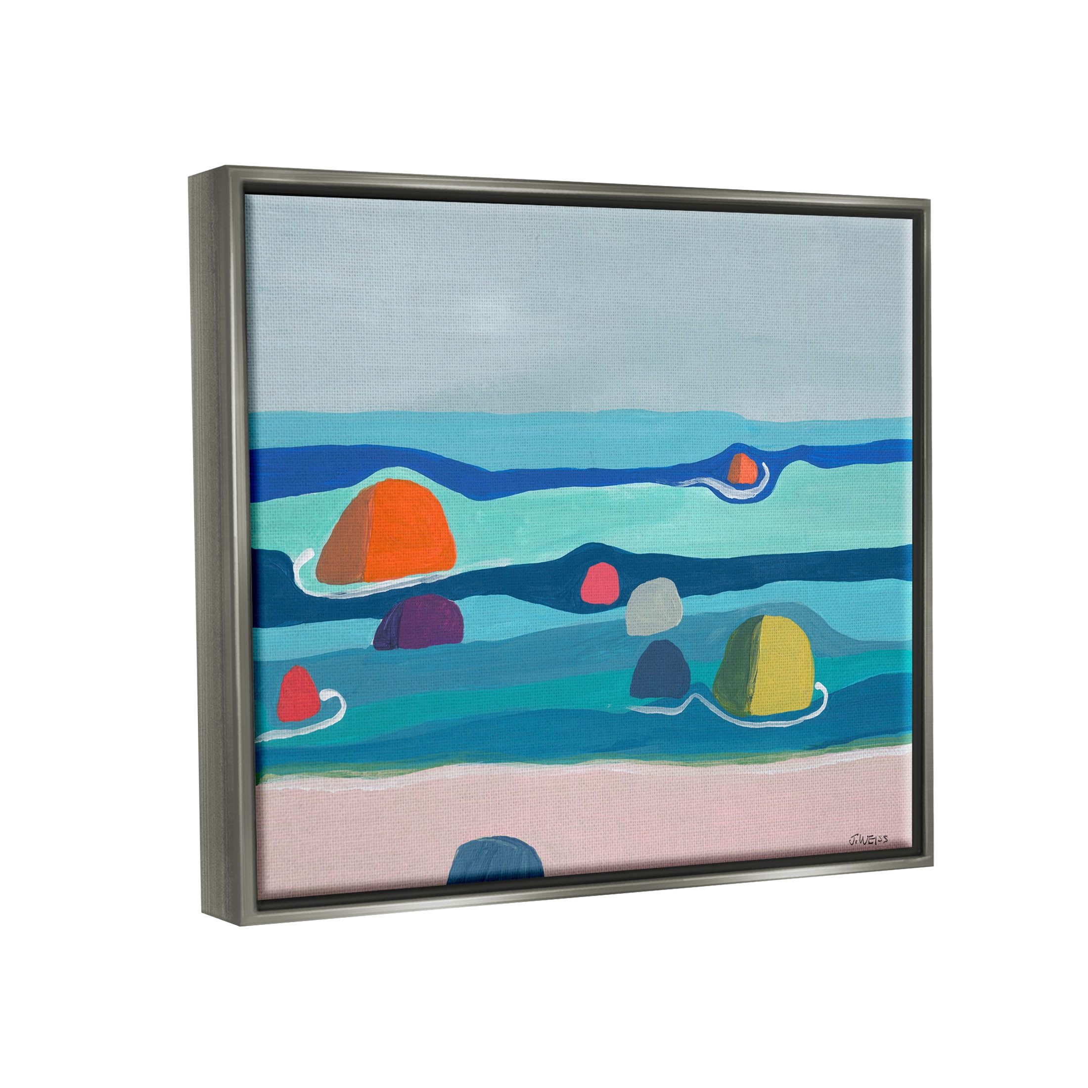 Modern Floating Beach Buoys Coastal Painting Luster Gray Framed Art Print Wall Art