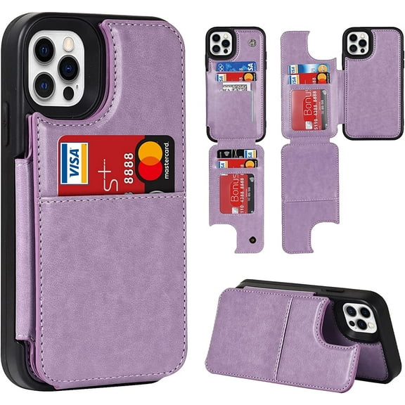 for iPhone 12 Pro/iPhone 12 Wallet Case with RFID Blocking Card Holder,7 Card Slots Heavy Duty Bumper Armort PU Leather Magnetic Buttons Kickstand Case for iPhone 12 Pro 6.1",Macaron Purple