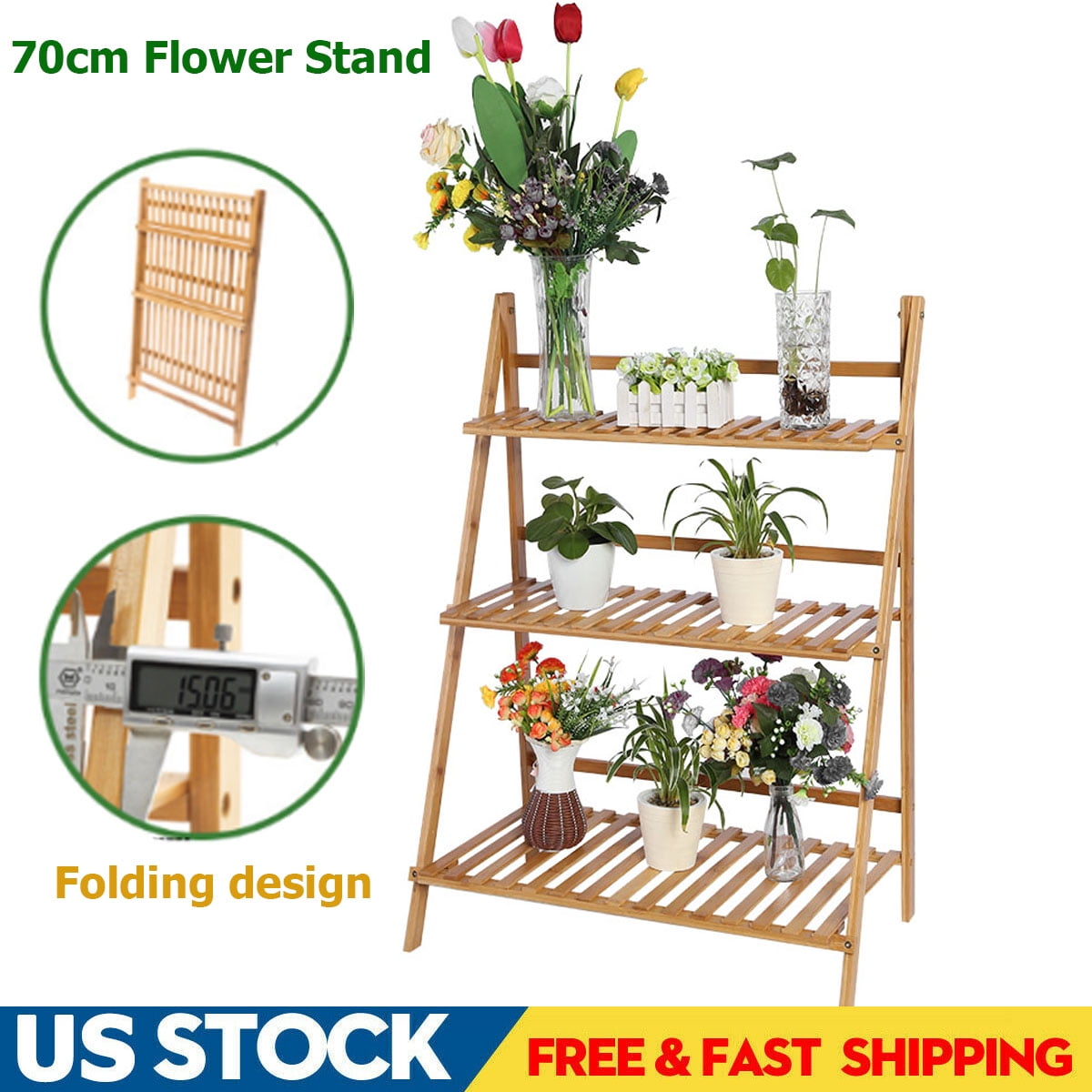 3 Tier Folding Wooden Plant Stand Wood Organizer Flower Pot Stand Plant