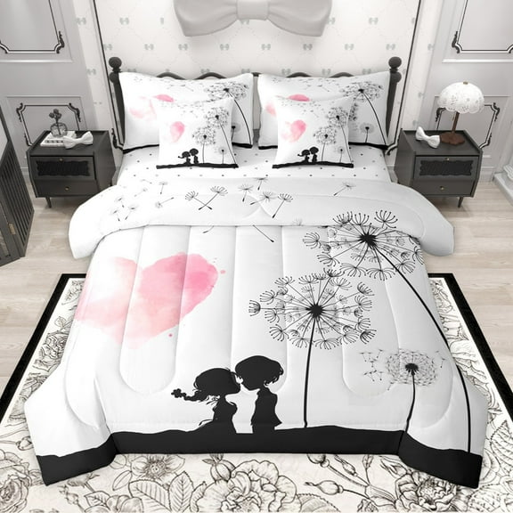Manfei Valentine's Day 7-Piece Twin Bedding Sets for Teens Female Men,Dandelion Love Heart Bedding Comforter Set,Romantic Lover Couple Breathable Sheet Sets,Luxury Bedroom Decor,Reversible