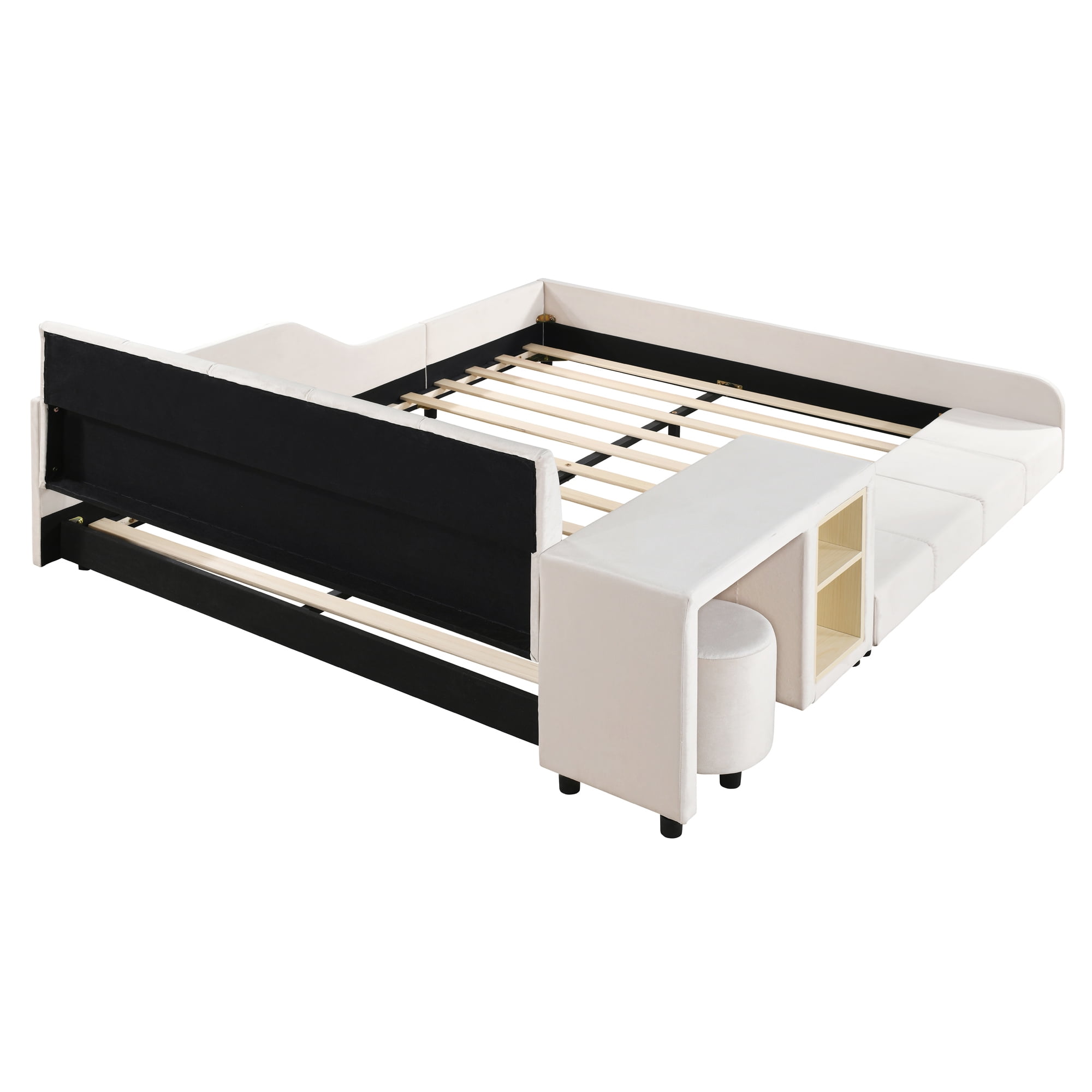 Aukfa Full Size Mother & Child Bed Frame, Velvet Upholstered Platform Bed with Bedside Desk & Stool, Grounded Design, Beige