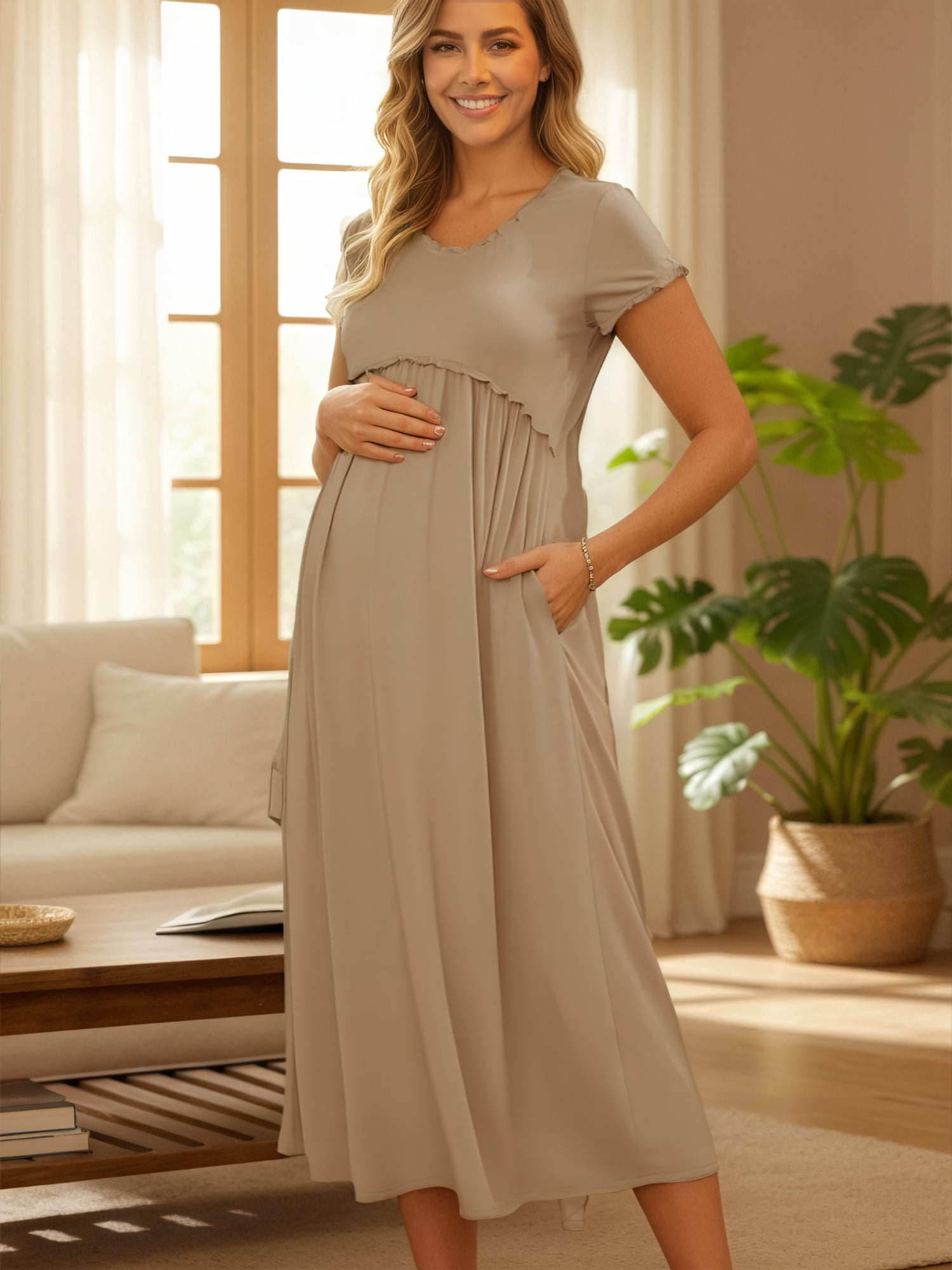 DARING DIVA Women's Maternity Summer Ruffled Pleating Casual Work Maxi Dress 2XL Khaki