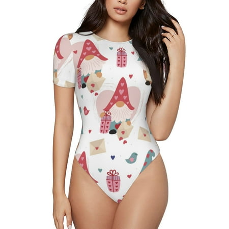 Adobk Gnome With Love Letter Print Short Sleeve Body Suits Women Round Neck Bodysuits for Women Ribbed Bodysuit Shirts-XX-Large