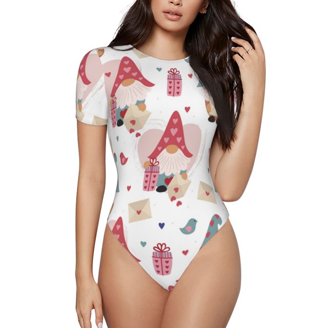 Fotbe Gnome With Love Letter Body de Mujer con Cuello Redondo y Mangas Cortas, Sin Mangas Ajustado, Suave, Cómodo y Básico-Large