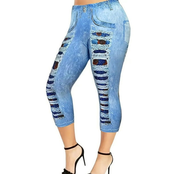 MAWCLOS Ladies Fake Jeans Capri Leggings Elastic Waisted Faux Denim Pant  Stretch Sport Cropped Trousers Blue XS