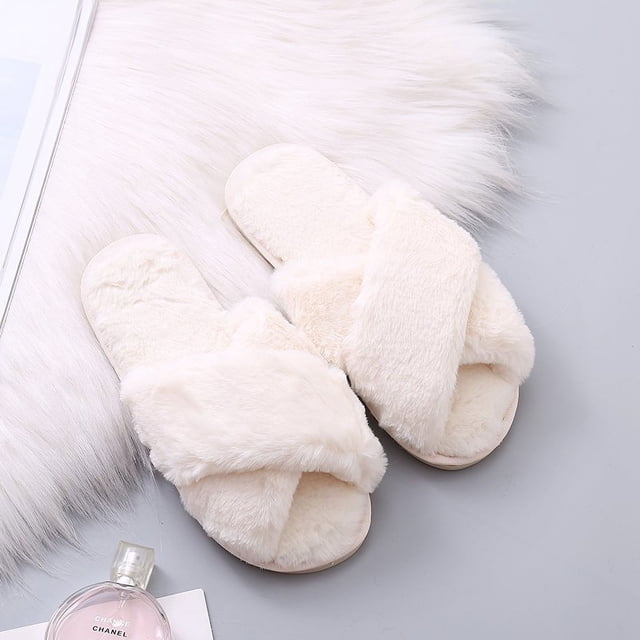 Zapatillas de casa de felpa acogedoras con banda cruzada, zapatos de casa con punta abierta y peludas y esponjosas, zapatillas deslizantes para interiores y exteriores, color beige