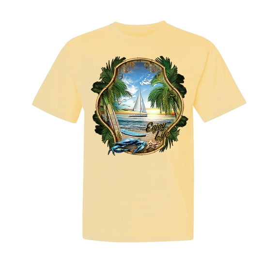 Wild Bobby, Enjoy Life Vintage Beach Surf Sailboat, Garment-Dyed Washed Look Short Sleeve Tees, Banana, Large