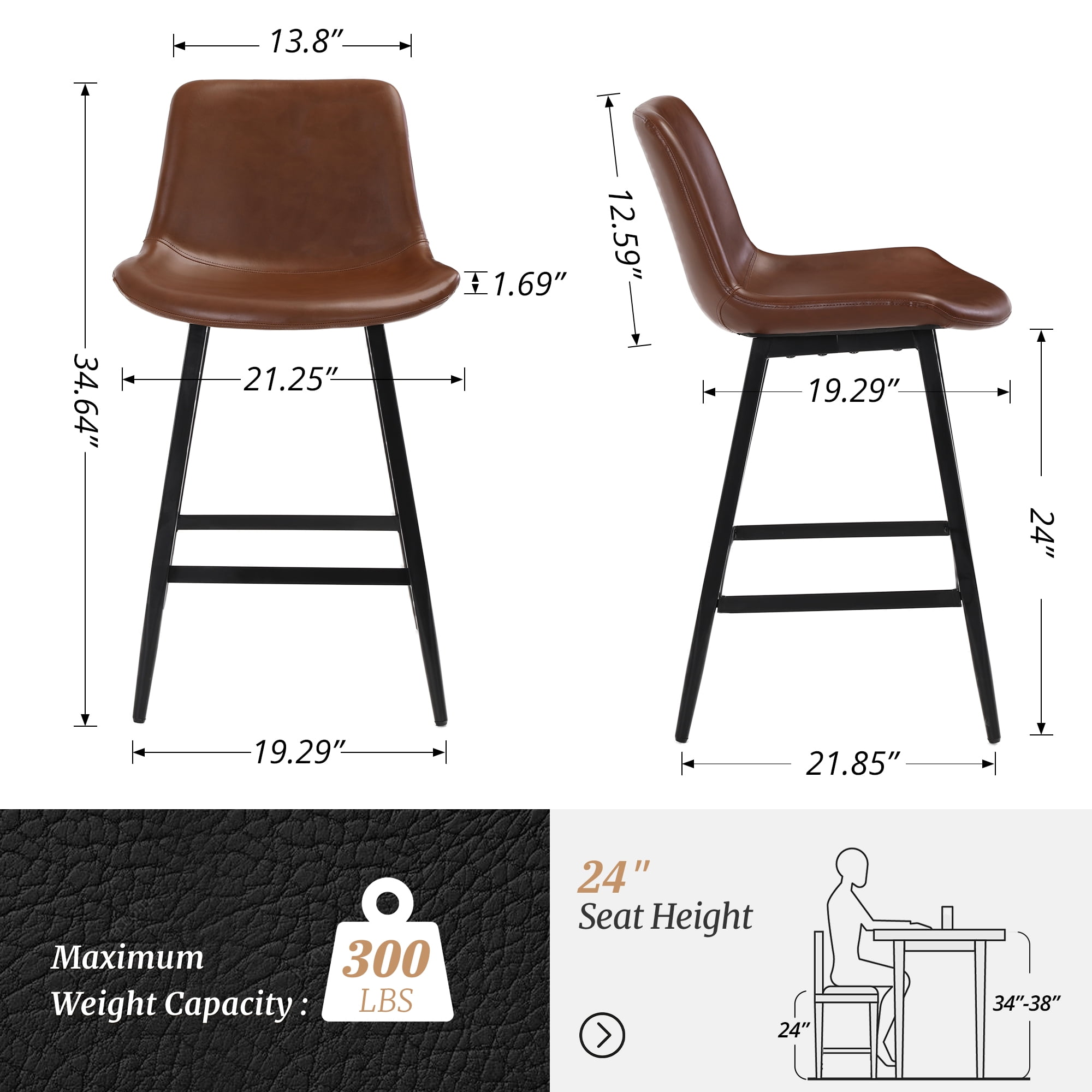 Dycanpo Modern Faux Leather 24 Inch,Counter Height Bar Stools Set of 2,for Home Kitchen, Dark Brown