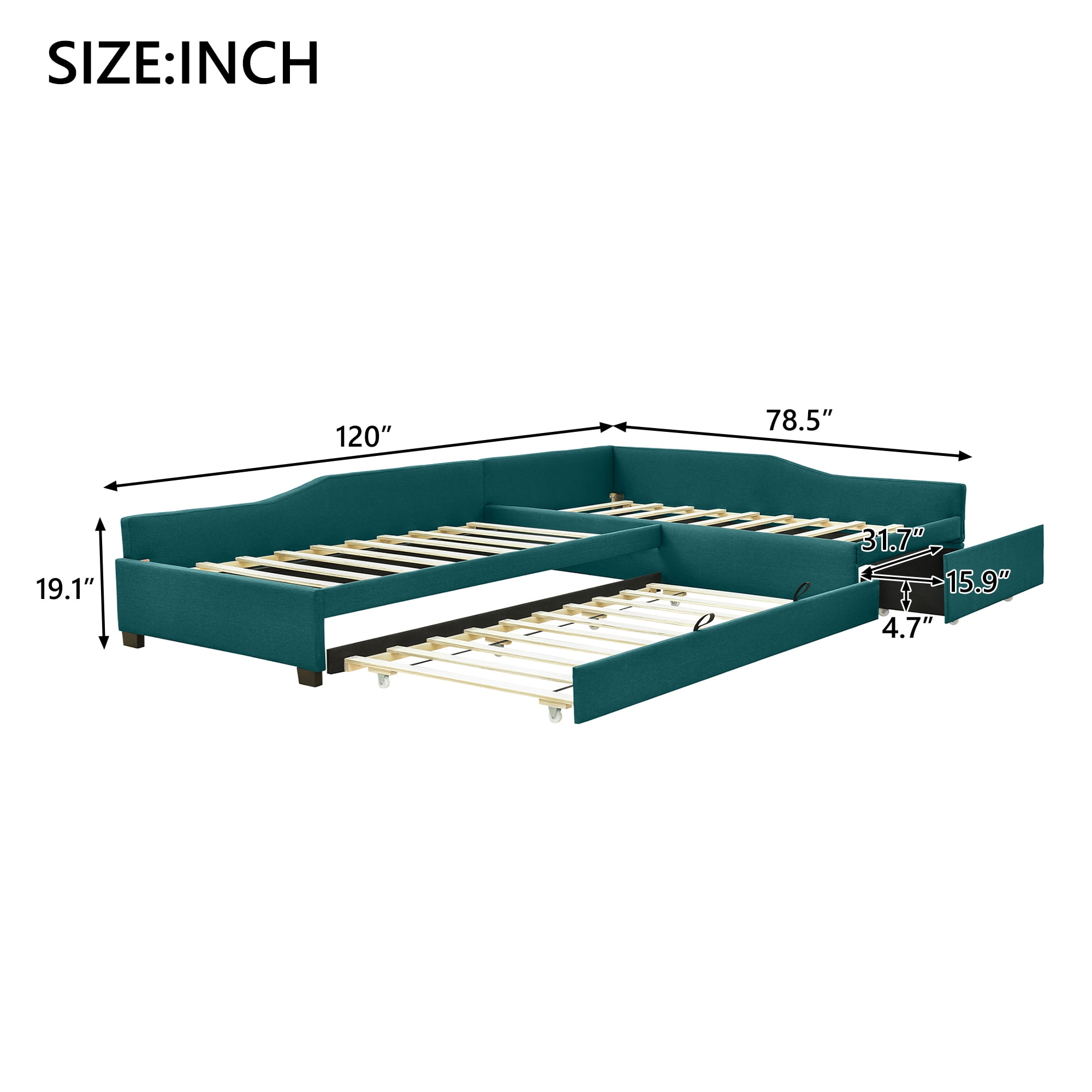 Alvantor Double Twin Daybed with Trundle and Drawer, L-Shaped Upholstered Sofa Bed for Living Room Bedroom, Green