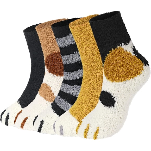 5 Pairs Fuzzy Socks Women Warm Fluffy Sleeping Slipper Cute Cat Paw Winter Cozy