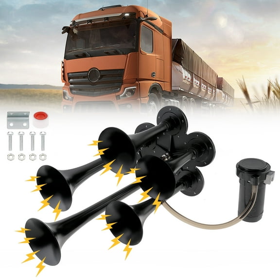 12V 185db Super Loud Five Trumpet Air Horn Fit for Trucks / Cars with Compressor, Black Musical Sound Air Horn