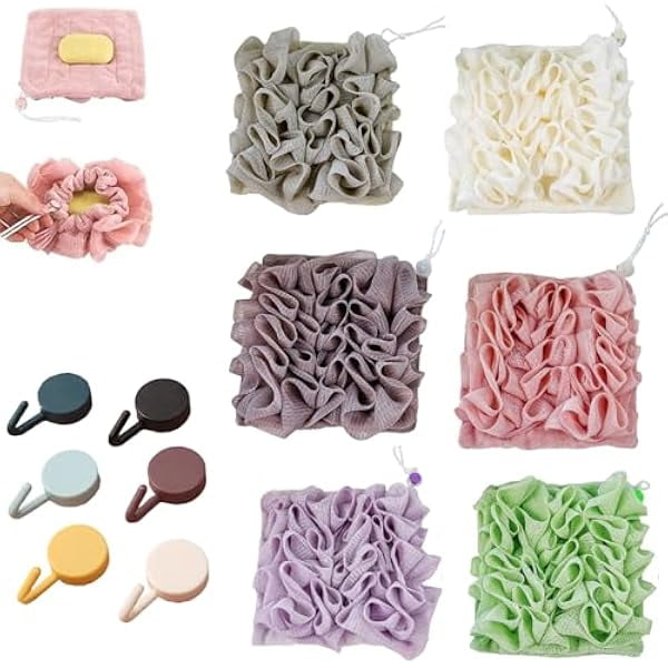 wonima11 2 in 1 Loofah, 2 in 1 Loofah Sponge Washcloth, Washcloth Loofahs Combo with Drawstring and Hook, Exfoliation Mesh Shower Puff Ball for Body Wash Cleansing and Smooth Skin (6Pcs)