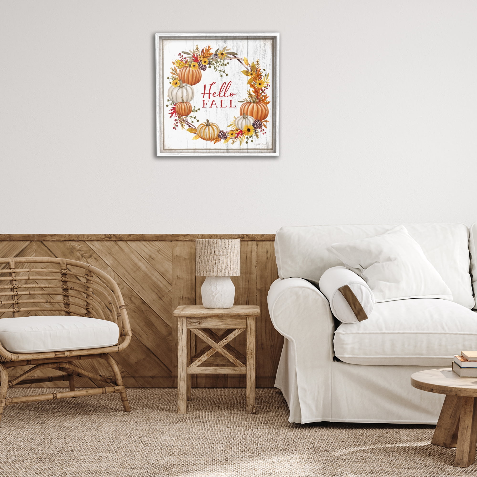 Stupell Industries Rustic Hello Fall Holiday Painting White Framed Art Prints Wall Art, 24 x 24
