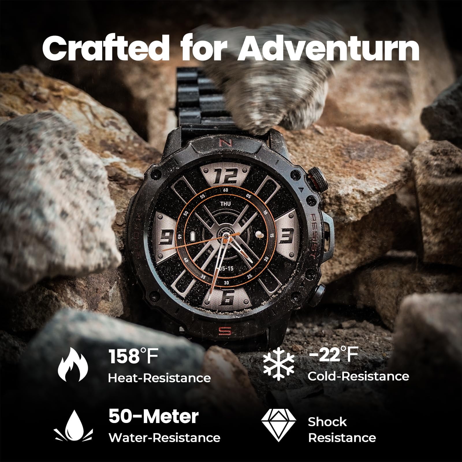WalkerFit Smart Watch for Men, 1.43" Round AMOLED, 5ATM Waterproof, Long Battery, for iPhone Android, Stianless Steel Strap