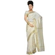 Cream Art Silk Saree Sari fabric India Golden Border