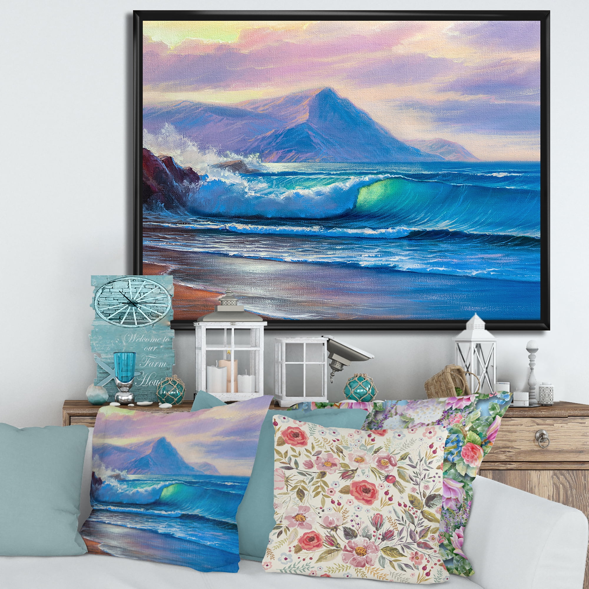 Designart 'Blue Waves Breaking At The Beach Landscape I' Nautical & Coastal Framed Canvas Wall Art Print