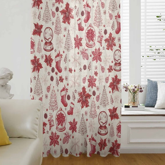 Red Christmas Semi Sheer Curtains Drapes for Living Room, Bedroom, French Doors Window 84 Inches Long, Xmas Poinsettia Tree Snowflake Rustic Rod Pocket Chiffon Curtain Drapery Voile Draperies Panel