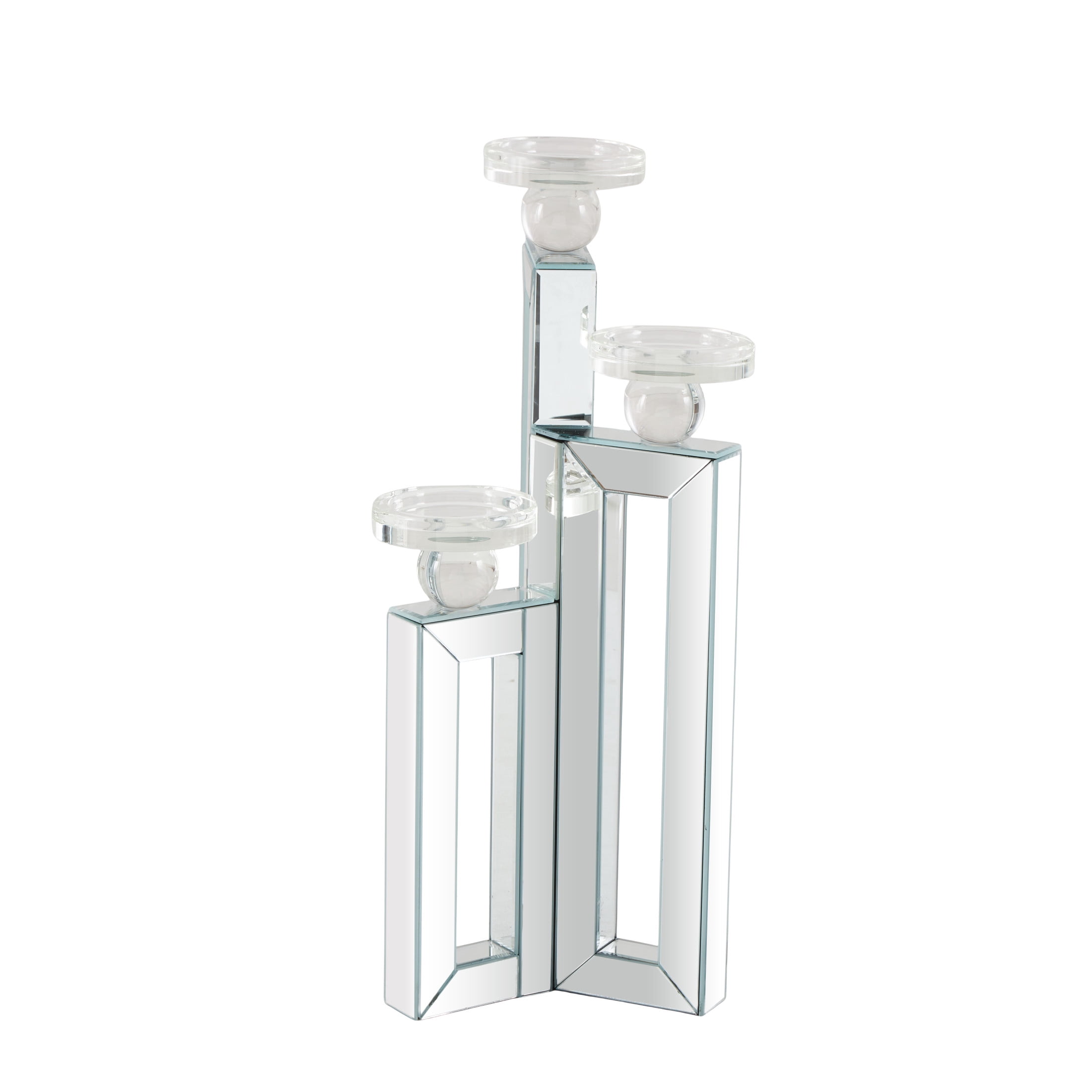 DecMode Glam Wood 3 Plate Pillar Candlle Holder with Silver Beveled Glass Finish, 7"W x 21"H