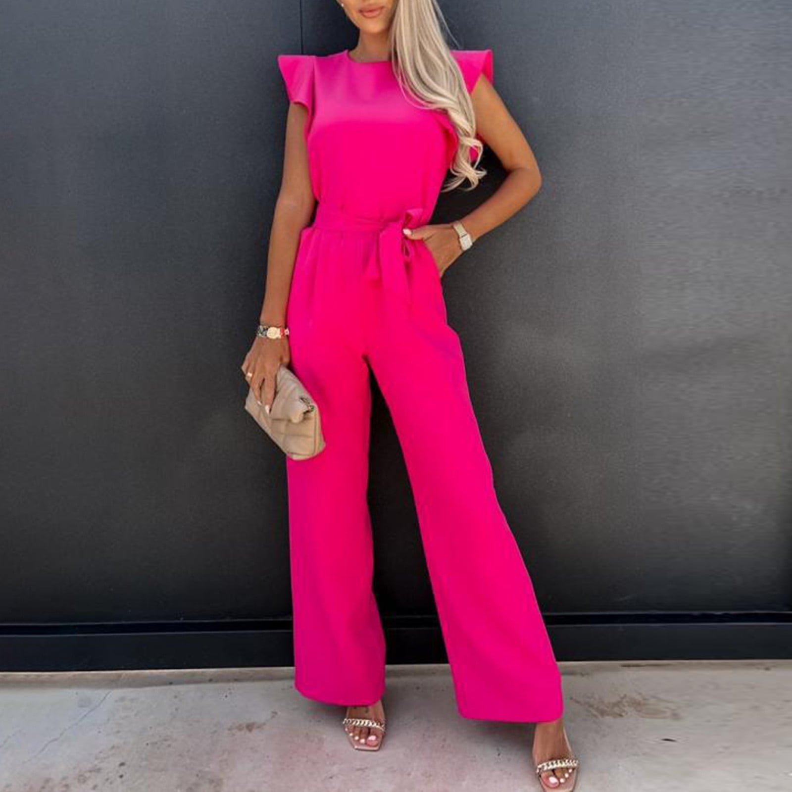 Alrise Hot Pink Jumpsuit,Women Summer Casual Slim Round Neck High Waist