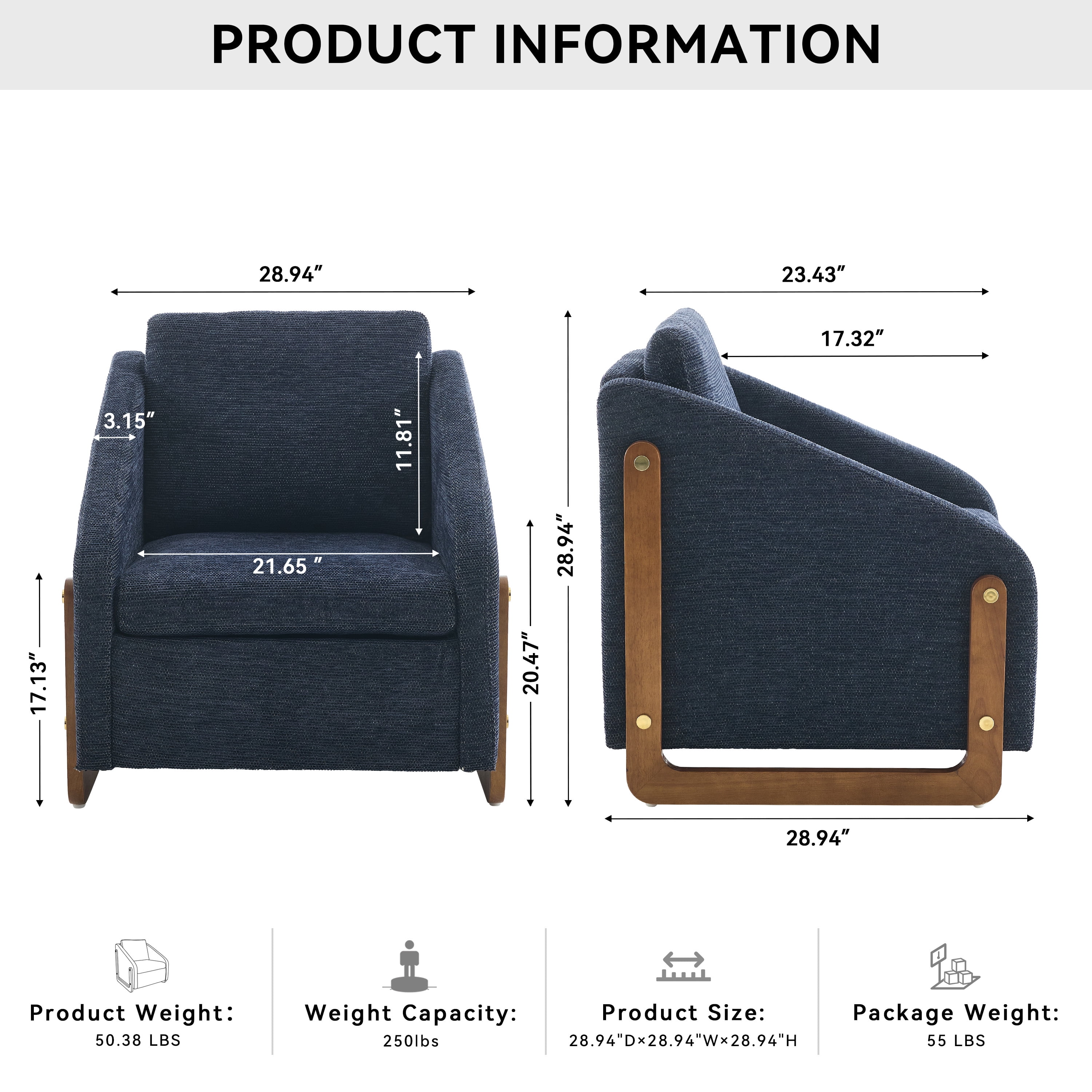 Aukfa Accent Chair, Plush Chenille Modern Arm Chair with Naihead Trim, Blue