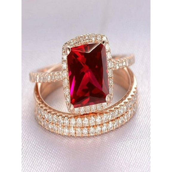 Limited Time Sale: 1.50 Carat Red Ruby (princess cut Ruby) and Diamond Engagement Bridal Trio Wedding Ring Set in 10k Rose Gold
