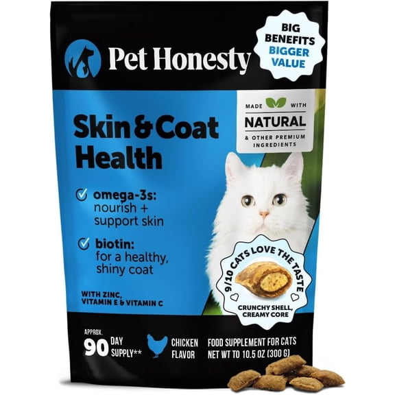 Pet Honesty Cat Skin & Coat Health Chews – Crunchy & Creamy Treats with Omegas, Vitamin C & E, Biotin – Soothes Itchy, Dry Skin, Reduces Shedding & Promotes a Shiny Coat – Cat Vitamins Chicken 90-Day