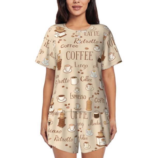 Fotbe Coffee Time Conjunto de Pijama Estampado para Mujer, 2 Piezas, Ropa de Dormir con Camiseta de Manga Corta y Shorts Suaves-Small