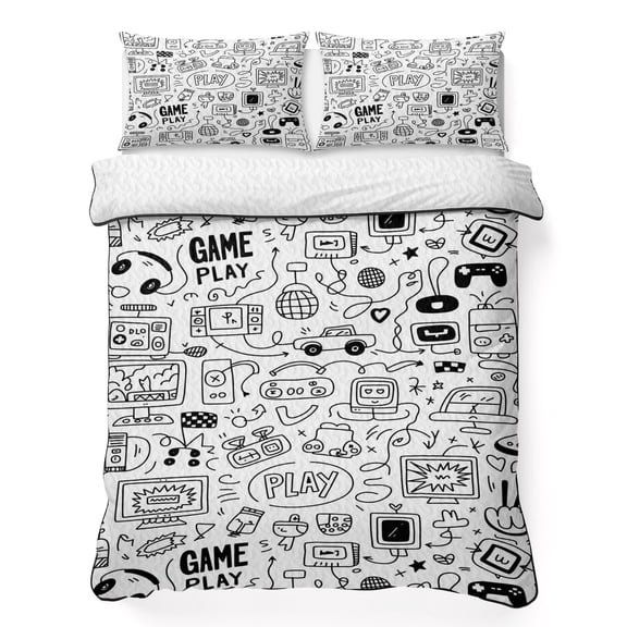 Full Quilt Set 78''x90'', Video Game Lightweight Summer Bedspread Coverlet Set with 2 Pillow Shams, Black White Game Controller Monochrome Breathable All Season Quilt Bedding for Bedroom/Guest Room