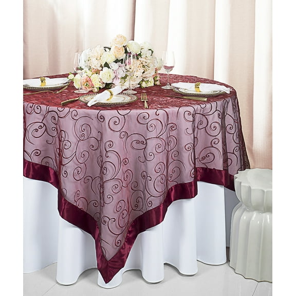 Wedding Linens Inc. 85"x85" Embroidered Organza Sheer Table Overlay Toppers - Burgundy