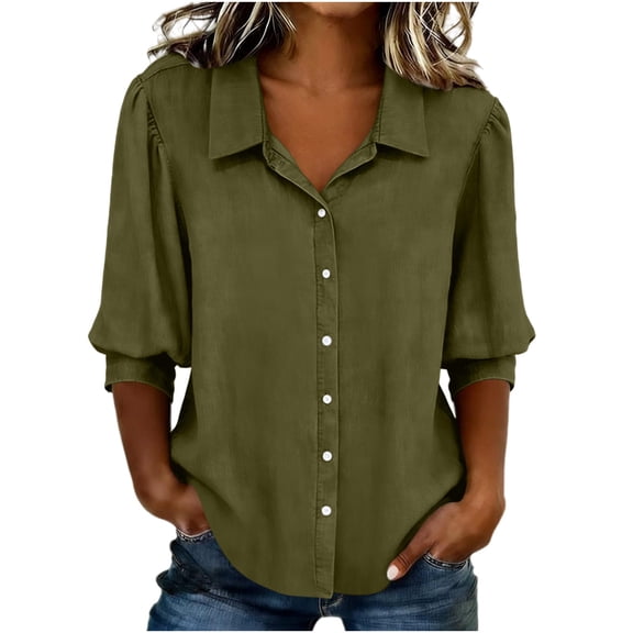 Setooff Women's Solid Button Down Collared Shirt 3/4 Sleeve Womens Tops plus size tops shirts for women