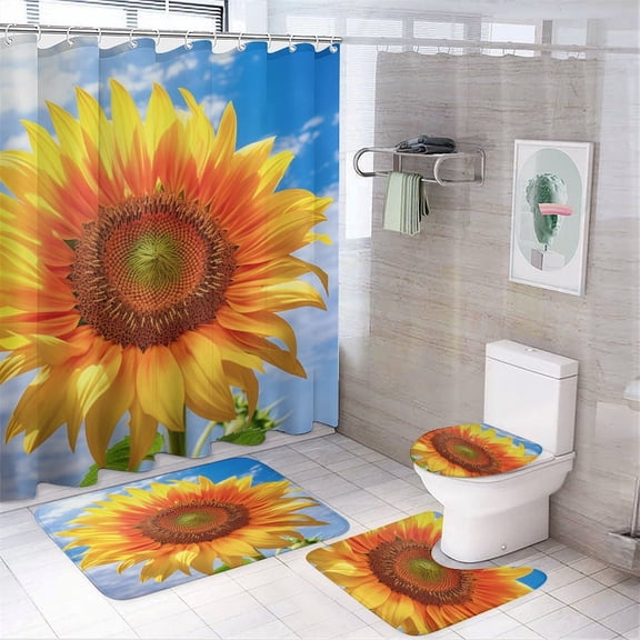 Sunflower Shower Curtain Set 4PCs with Hooks Waterproof Bathroom Toilet Mat Lid Decor 4pcs
