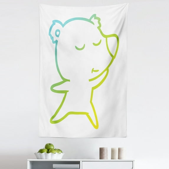 Dancing Bears Tapestry, Ombre Toned Simple Line Drawing of Animal Happy Face Illustration, Fabric Wall Hanging Decor for Bedroom Living Room Dorm, 5 Sizes, White Yellow Turquoise, by Ambesonne