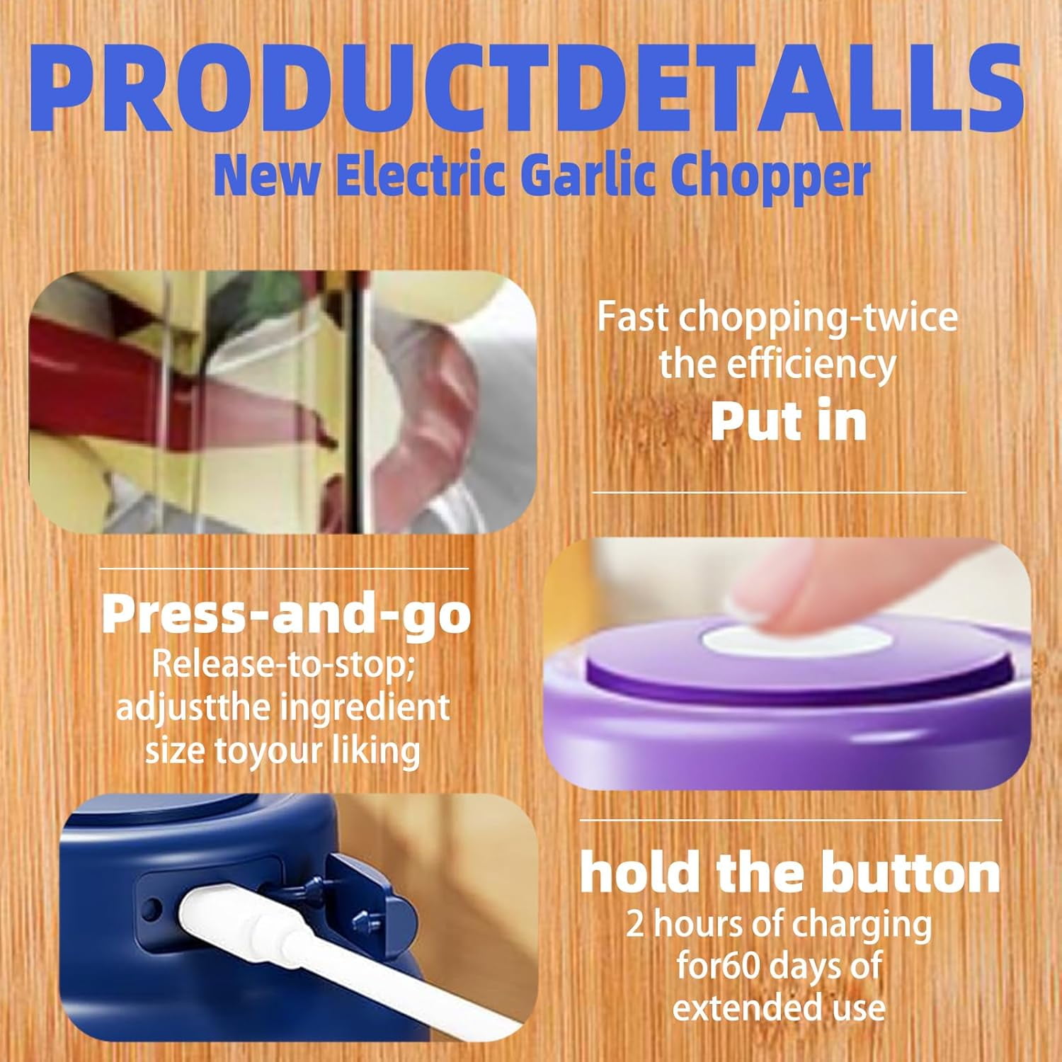 Electric Garlic Chopper，Portable Vegetable Chopper, Rechargeable, Food Processor, Suitable for Ginger, Chili Peppers, Fruits, and Meats