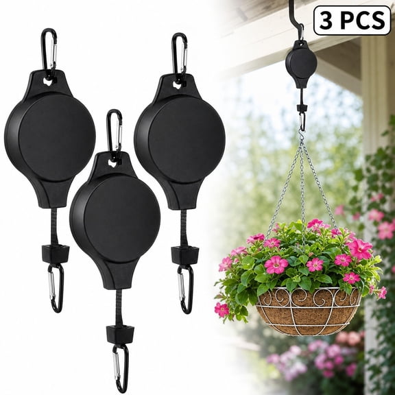3 Pcs Retractable Plant Hanger Hook with Carabiner Black Clip