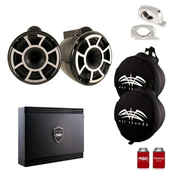 Wet Sounds Black REV 10 Fixed Clamp Tower Speakers with Wet Sounds SDX2 1250 Watt Amplifier & Suitz Speaker Covers