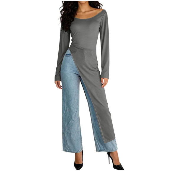 Women's Crew Neck Split Hem Long Tops Asymmetrical Dress Long Sleeve Slim Fitting Long Tunic Shirt Dark Grey M