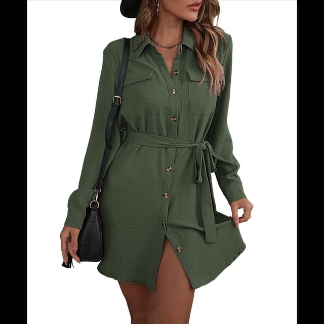 Vestido Camisero de Larga con Botones para Mujer, Informal, Holgado, con Cintura Ajustable y de . Verde S